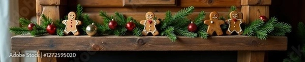 Obraz Wooden mantel adorned with fresh pine branches and gingerbread ornaments, cozy cabin, ornaments