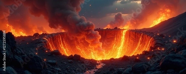 Fototapeta Blazing flame shoots from a crater in the ground, blazing inferno, chaos