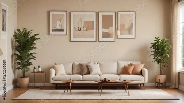 Fototapeta Serene Living Room Design Featuring Neutral Tones, Plush Sofa, and Artistic Wall Decor