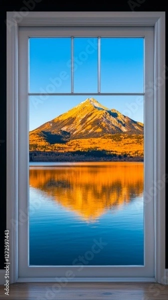 Fototapeta Serene mountain view through a window, reflecting on calm water at sunrise