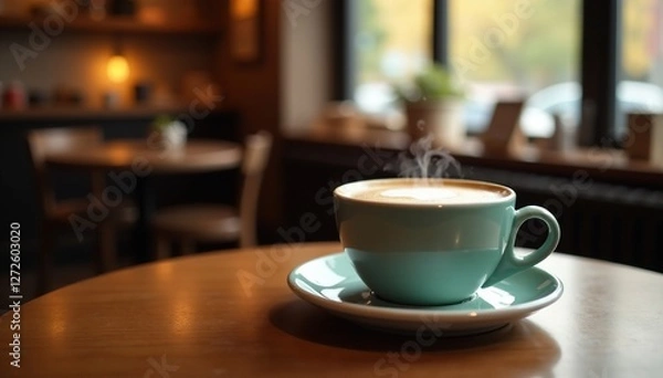 Fototapeta Steaming cup with creamy milk foam on a table in a cozy cafe, warm light, table
