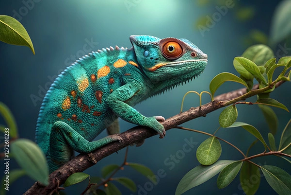Fototapeta chameleon on a branch portrait close-up photography
