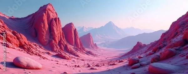 Fototapeta Red and pink granite monoliths in a vast mountain expanse, rocks, pink