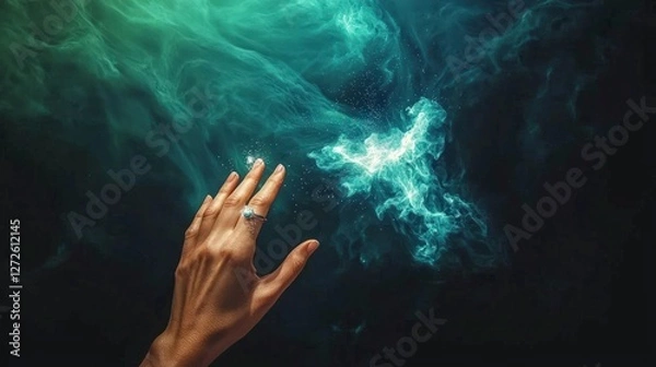 Fototapeta Woman s Hand Reaching Towards Mystical Nebula  Cosmic Dust  Fantasy  Magic