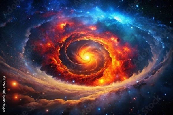 Fototapeta Silhouette of Fiery Spiral Nebula in Deep Space: Cosmic Dance of Light and Shadow