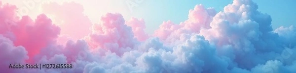 Fototapeta Soft blue mist swirls amidst pink cloud formations, ethereal, cloudy