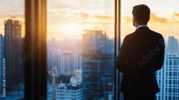 Fototapeta A businessman in a suit stands by a large window, gazing over a modern city skyline, representing ambition and success. 