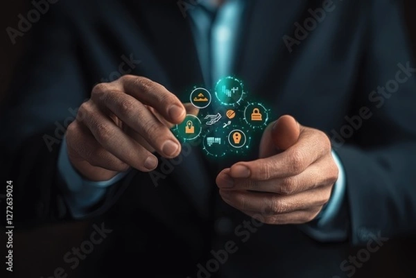 Fototapeta Futuristic Digital Interface in Businessman's Hands: Innovation, Data, and Connectivity