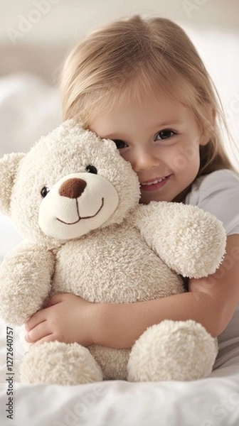 Fototapeta Young girl joyfully hugging a soft teddy bear in a cozy bedroom setting