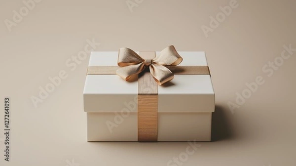 Fototapeta White gift box wrapped with a gold ribbon on a neutral background for celebrations and special occasions