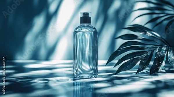 Fototapeta Bottle of water placed next to a green plant on a wooden surface in natural lighting