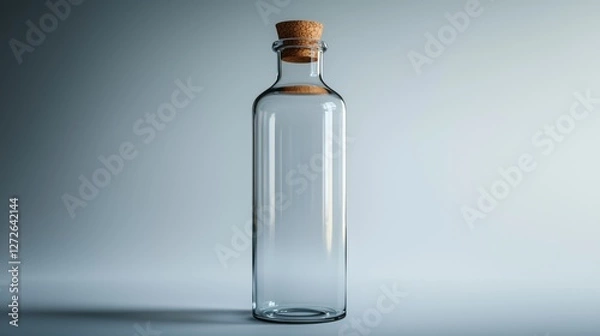 Fototapeta Glass bottle with cork stopper placed on a wooden surface in natural lighting