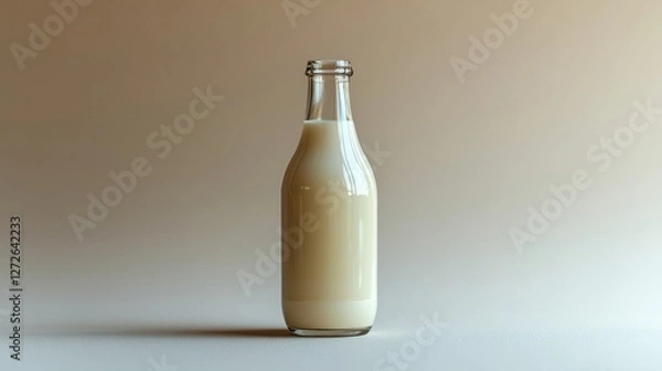 Fototapeta Bottle of milk placed on a wooden table with a soft cloth and a glass of fresh milk nearby