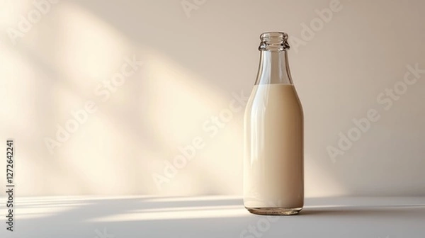 Fototapeta Bottle of fresh milk placed on a wooden table in a bright kitchen setting with natural light