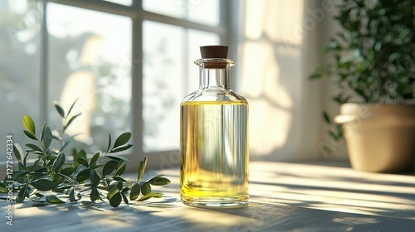 Fototapeta Bottle of olive oil on a wooden table with fresh herbs and garlic in the background