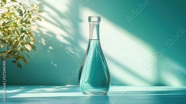 Fototapeta Bottle of perfume on a wooden table with soft natural light illuminating the scene