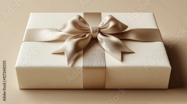 Fototapeta White gift box with a decorative bow on top placed on a clean surface for gifting occasions