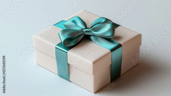 Fototapeta White gift box with green bow on top resting on a wooden surface for special occasions and celebrations