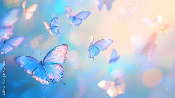 Fototapeta Abstract blur of blue morpho butterflies against a soft sky, fantasy, ethereal, design. Magical Iridescent Butterflies. Illustration