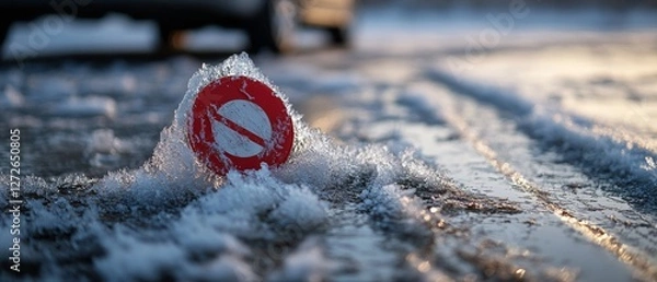 Fototapeta A Glimpse of Warning: Red Emblem Surrounded by Ice and Tire Tracks