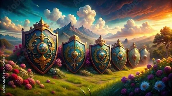 Fototapeta Surreal Retro Heraldic Shields: A Collection of 5 Ethereal Coats of Arms