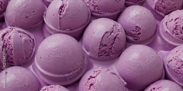 Fototapeta Ube ice cream background texture,Two velvety scoops of ube ice cream rest in a white bowl, with steam rising, set against a clean, rich purple backdrop for an inviting treat,786