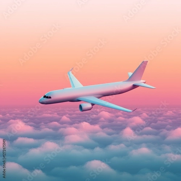 Fototapeta Airplane soaring above fluffy clouds at sunset, showcasing vibrant colors