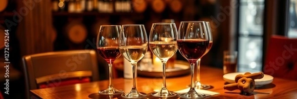 Fototapeta Two elegant glasses of white and red wine on a wooden table, elegant, liquid, refreshment