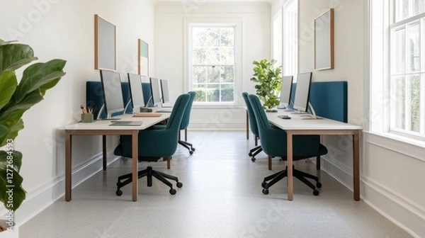 Fototapeta A modern, bright office space featuring multiple workstations with computers, ergonomic chairs, and large windows, creating an inviting atmosphere.