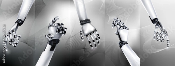 Obraz Abstract futuristic set of bionic hands in gray tones