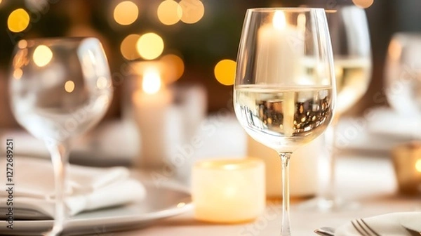Fototapeta Elegant Table Setting with Wine Glasses and Candles for Romantic Dinner Celebration : Generative AI