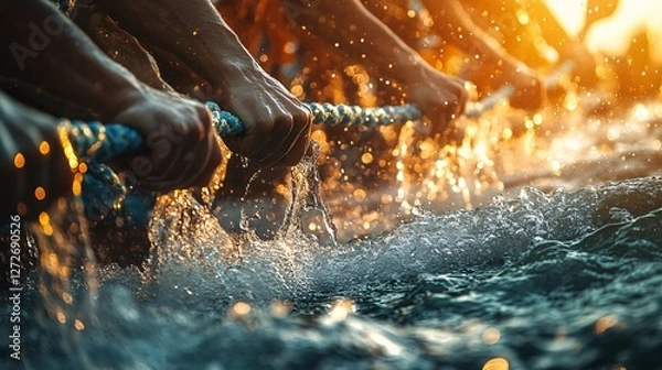 Obraz Teamwork Pulling A Rope Through Water At Sunset