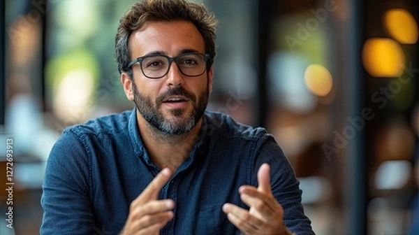 Fototapeta Man with Beard Making Gestures in a Casual Conversation