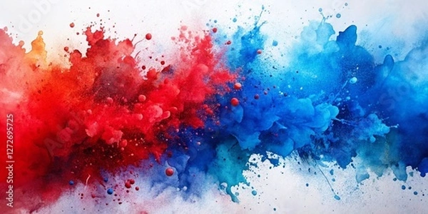 Fototapeta Vibrant Red and Blue Watercolor Splashes Abstract Background