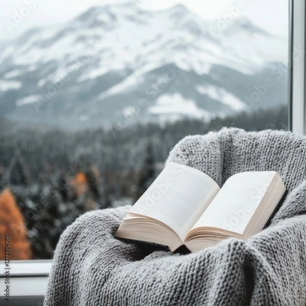 Fototapeta Cozy reading nook by the window with an open book and snowy mountain view