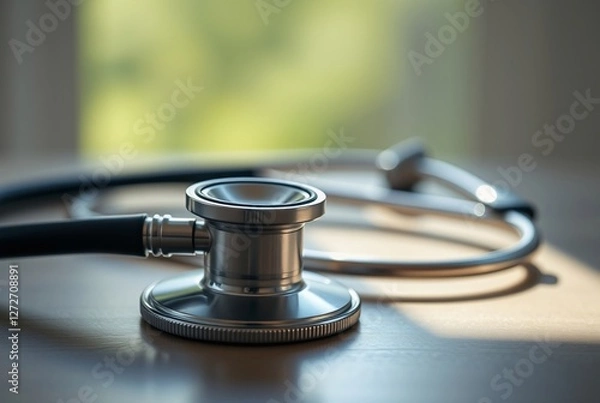 Fototapeta Close-Up of a Silver Stethoscope on a Wooden Table with Soft Natural Light