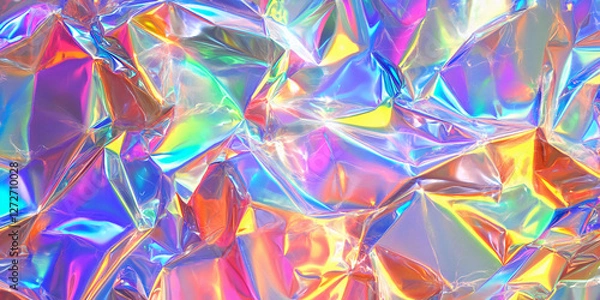 Fototapeta Holographic foil texture abstract iridescent background with crinkled and shiny surface in rainbow colors