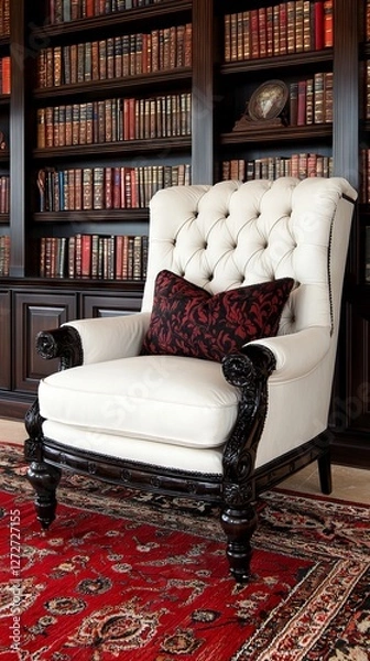 Fototapeta Elegant white armchair with red accent pillow in a cozy library setting