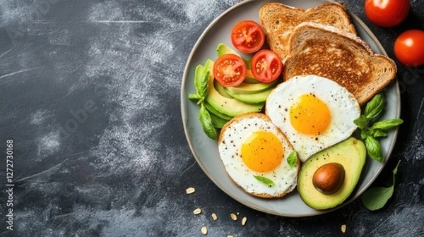 Fototapeta A colorful breakfast plate with eggs, avocado, tomatoes, and whole wheat toast