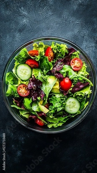 Fototapeta Fresh mixed salad with cherry tomatoes and cucumber in a glass bowl on a dark surface