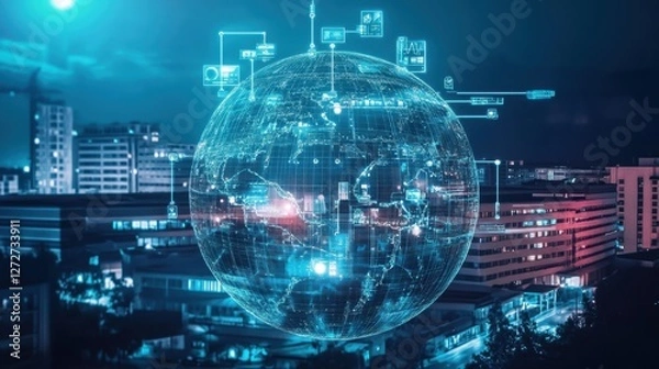 Fototapeta A glowing globe representing global health insurance, with digital connections and holographic access points.