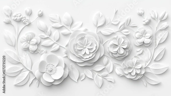 Fototapeta Wedding invitations luxury embossed concept. A delicate white floral relief design featuring various flowers and leaves, creating an elegant and textured appearance.