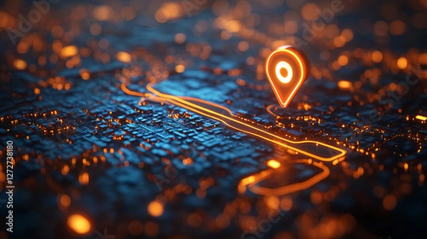 Obraz Futuristic GPS Navigation Concept with Glowing Location Pin on Digital Smart City Map – High-Tech Cyber Network, AI-Powered Data Connections, and GPS Tracking for Technology Innovation