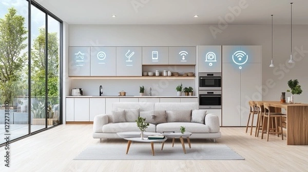 Fototapeta Transforming the modern home smart connected house with iot icons in a contemporary kitchen environment