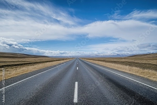 Fototapeta Open road, vast plains, blue sky, clouds, journey