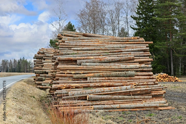 Obraz Large piles of spruce logs by rural asphalt road, waiting for transport to the sawmill. 