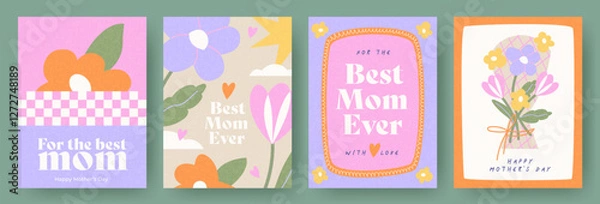 Obraz Spring set of the cutest card, cover, banner or poster for the spring holiday with wildflowers, daisies, tulips bouquet. Hand drawn Floral art templates for Mothers Day greetings, ads and decoration