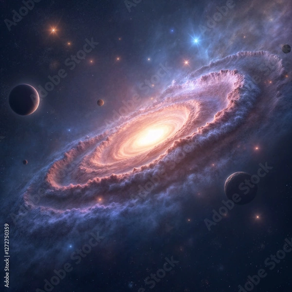 Fototapeta Stunning Spiral Galaxy with Glowing Nebula and Planets