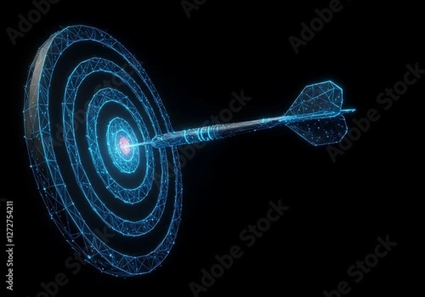 Fototapeta Dart Hitting Target with Digital Glowing Lines on Black Background