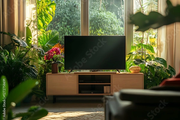 Fototapeta A modern living room with a large flat-screen TV on a wooden console. Surrounded by lush plants and vibrant flowers, the room is bathed in sunlight, creating a cozy, inviting space to relax.
